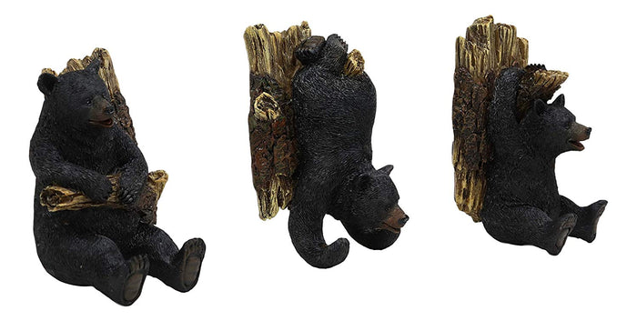 Ebros Whimsical Rustic 3 Acrobatic Black Bears Hanging On Tree Branches Wall Hooks 5.25" High Set Of 3 Hanger