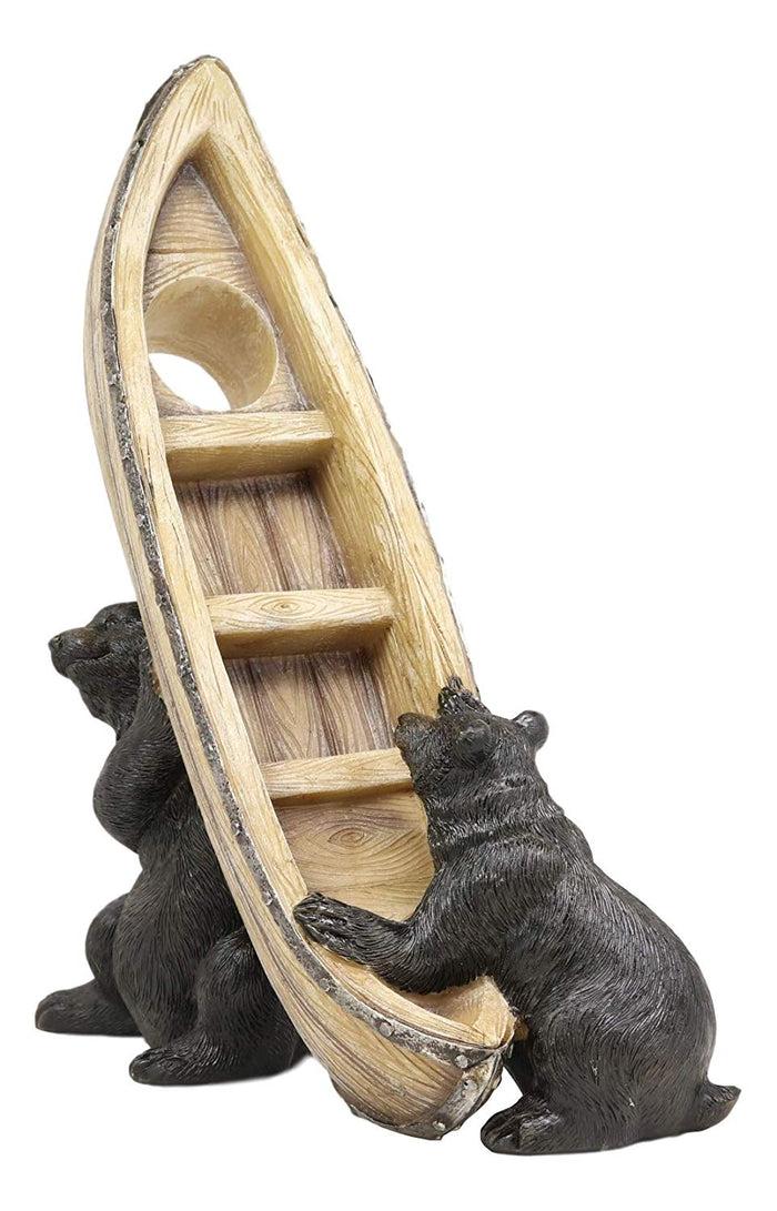 Ebros Whimsical Rustic Decorative 2 Black Bears Joint Lifting A Canoe Boat Wine Holder Figurine 9.5" High Bear Family Teamwork Storage Kitchen Organizer Decor For Cabin Lodge Cottage Western Home