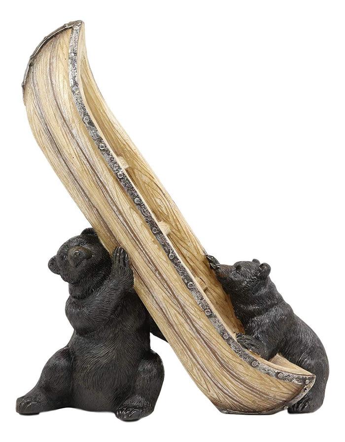 Ebros Whimsical Rustic Decorative 2 Black Bears Joint Lifting A Canoe Boat Wine Holder Figurine 9.5" High Bear Family Teamwork Storage Kitchen Organizer Decor For Cabin Lodge Cottage Western Home