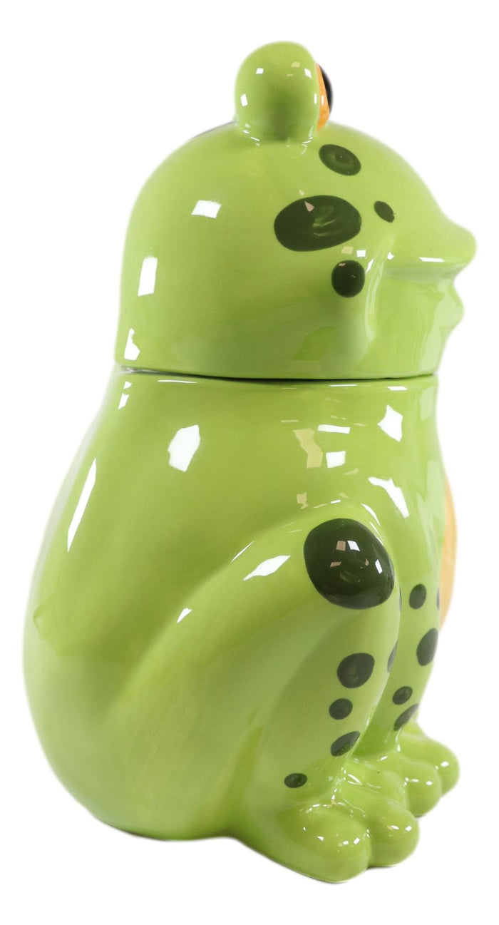Ebros Whimsical Smiling Green Spotted Frog Ceramic Cookie Jar Container Figurine 8"H