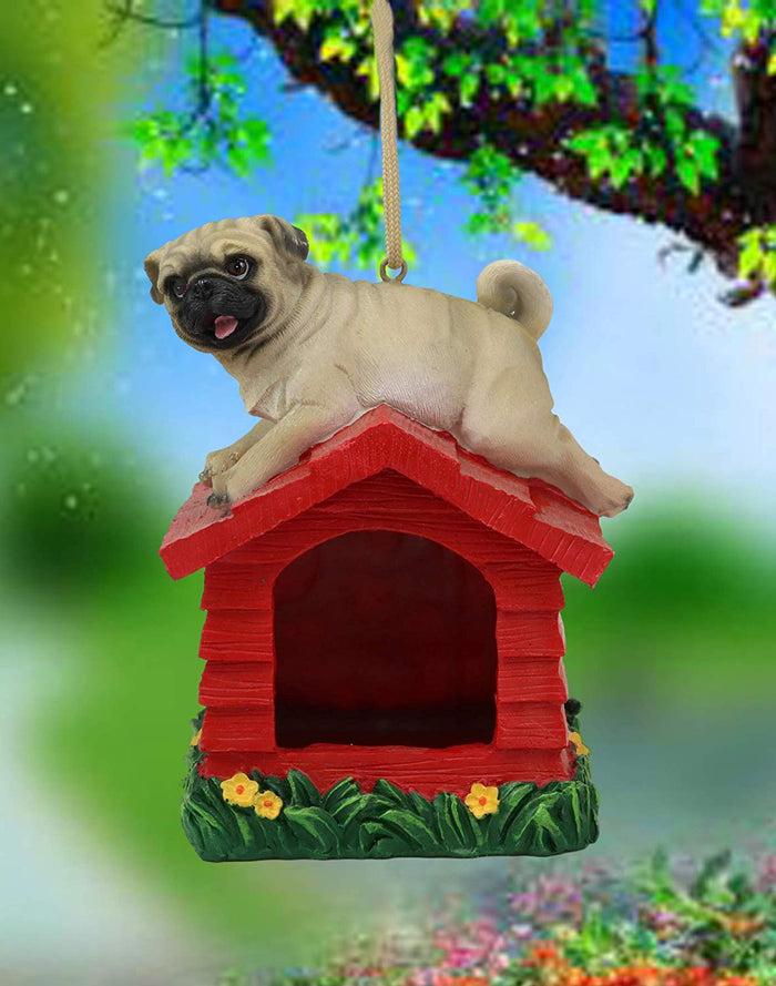 Ebros Whimsical Teacup Pug On Kennel Or Birdhouse Bird Feeder Hanging Figurine