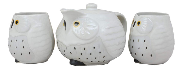 Ebros Whimsical White Fat Snow Owl Ceramic 16oz Tea Pot With 2 Cups Set Owls Decor