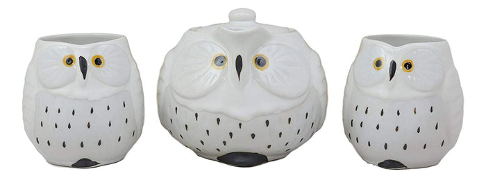 Ebros Whimsical White Fat Snow Owl Ceramic 16oz Tea Pot With 2 Cups Set Owls Decor
