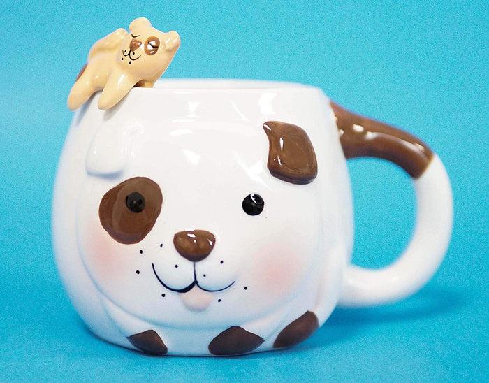 Ebros White And Chocolate Dog Ceramic Coffee Mug With Puppy Latch On Spoon Set