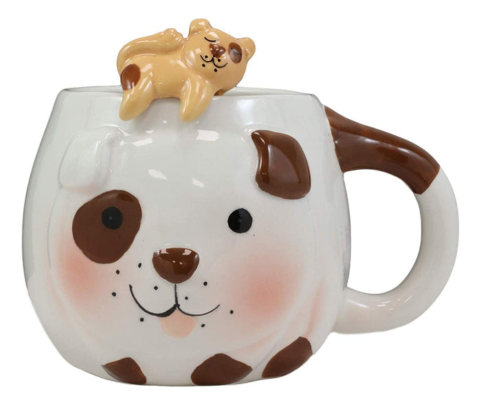 Ebros White And Chocolate Dog Ceramic Coffee Mug With Puppy Latch On Spoon Set
