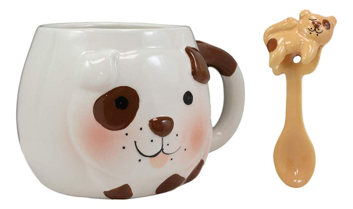 Ebros White And Chocolate Dog Ceramic Coffee Mug With Puppy Latch On Spoon Set