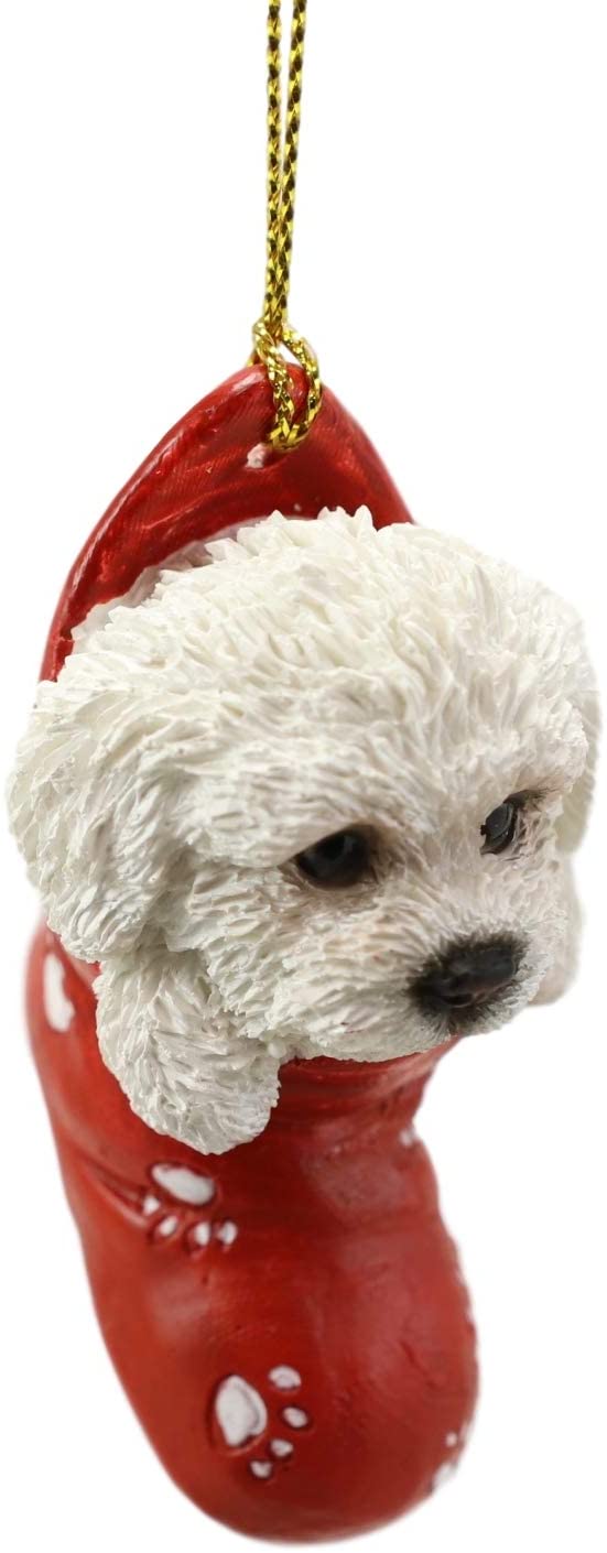 Ebros White Bichon Frise Puppy Dog In The Sock Small Hanging Ornament Figurine