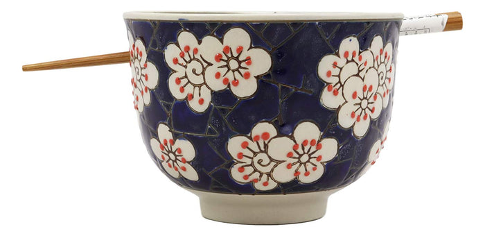 Ebros White Cherry Blossoms Sakura Mosaic Style Blue Ramen Udong Noodles 5" Diameter Bowl With Built In Chopsticks Rest And Bamboo Chopstick Set For Dining Soup Rice Meal Bowls Decor Kitchen