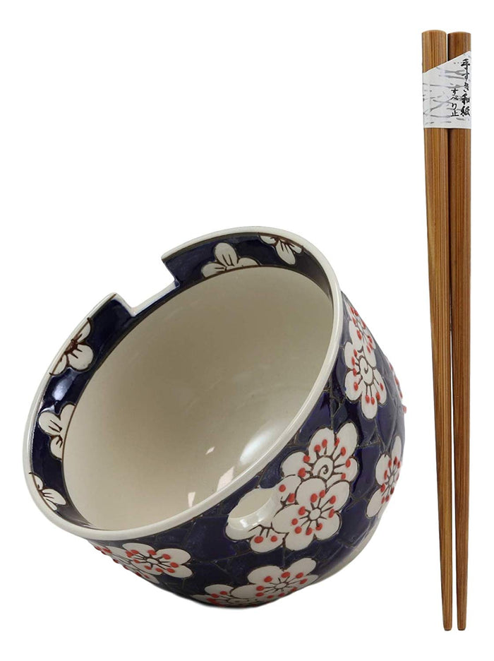 Ebros White Cherry Blossoms Sakura Mosaic Style Blue Ramen Udong Noodles 5" Diameter Bowl With Built In Chopsticks Rest And Bamboo Chopstick Set For Dining Soup Rice Meal Bowls Decor Kitchen