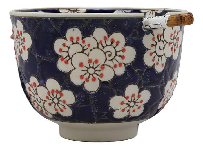 Ebros White Cherry Blossoms Sakura Mosaic Style Blue Ramen Udong Noodles 5" Diameter Bowl With Built In Chopsticks Rest And Bamboo Chopstick Set For Dining Soup Rice Meal Bowls Decor Kitchen