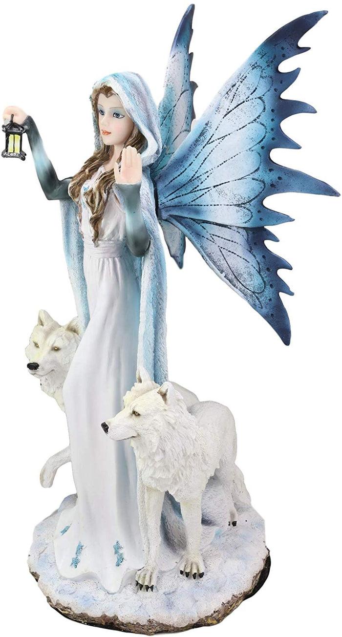 Ebros White Frozen Lantern Fairy By 2 Arctic Snow Direwolves Statue 17.75" Tall