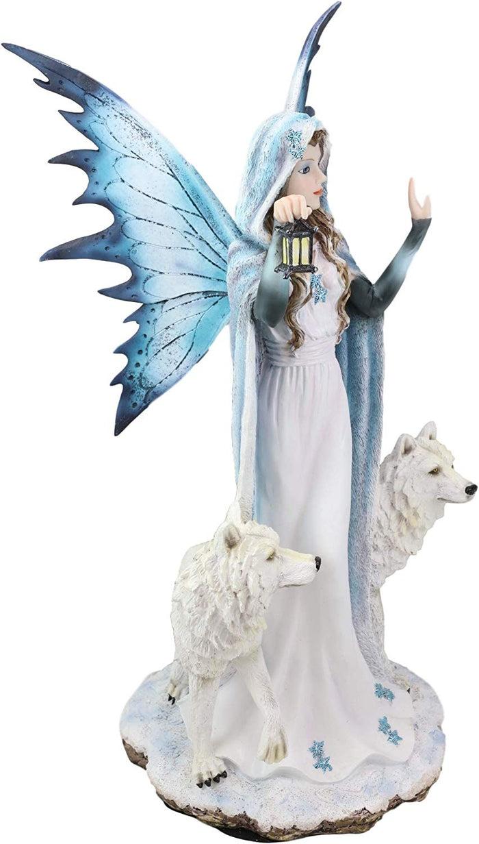 Ebros White Frozen Lantern Fairy By 2 Arctic Snow Direwolves Statue 17.75" Tall