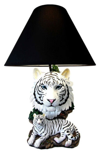 Ebros White Rare Alaskan Tiger Desktop Table Lamp Statue With Black Fabric Shade