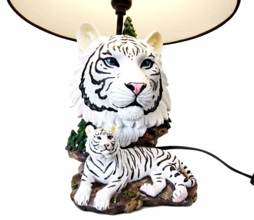 Ebros White Rare Alaskan Tiger Desktop Table Lamp Statue With Black Fabric Shade
