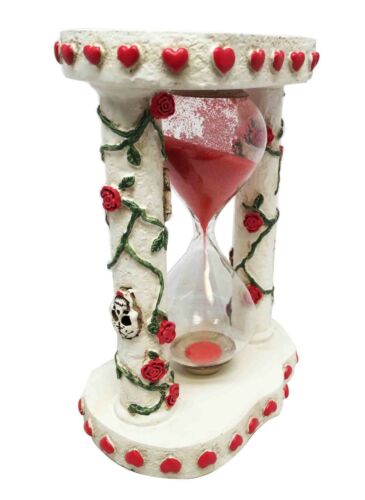 Ebros White Roses Tattoo Sugar Skulls Day Of The Dead Sand Timer Skeleton Figurine