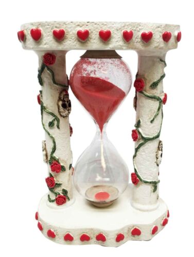 Ebros White Roses Tattoo Sugar Skulls Day Of The Dead Sand Timer Skeleton Figurine