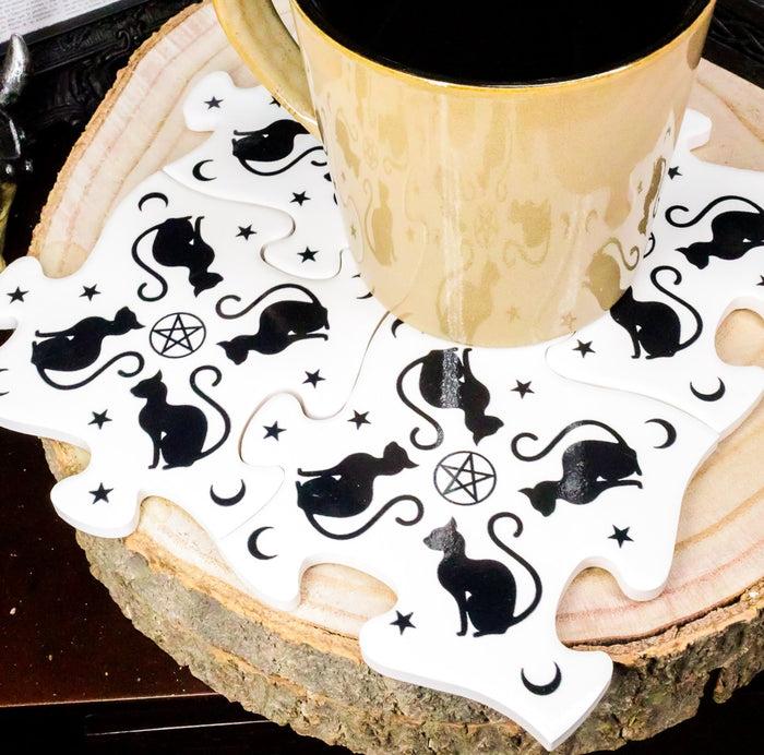 Ebros Wicca Black Cat Pentagram Star Moons Cork Backed Ceramic Coaster Set Of 4