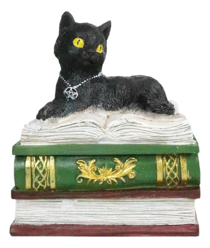 Ebros Wiccan Black Cat Pentagram Star Green Book Of Spells Box Figurine