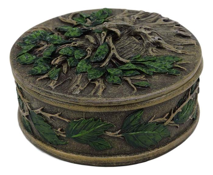 Ebros Wiccan Celtic Forest Spirit Greenman Tree Of Life Round Jewelry Box 4.5" Diameter Vegetative Earth Deity Small Trinket Box Figurine