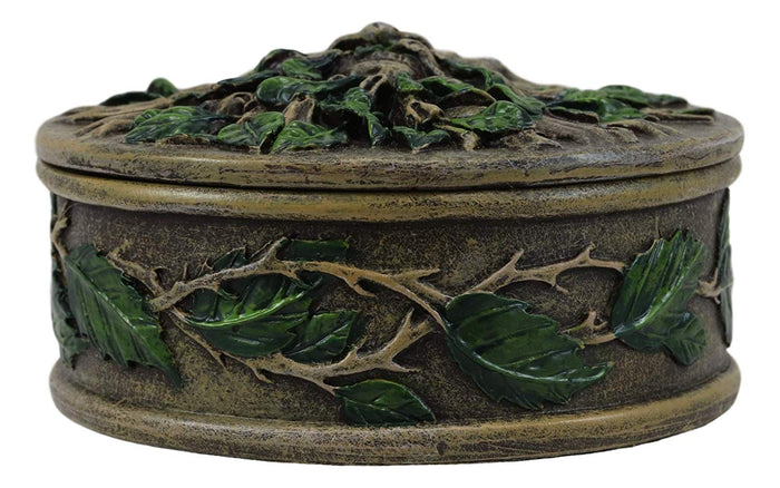 Ebros Wiccan Celtic Forest Spirit Greenman Tree Of Life Round Jewelry Box 4.5" Diameter Vegetative Earth Deity Small Trinket Box Figurine