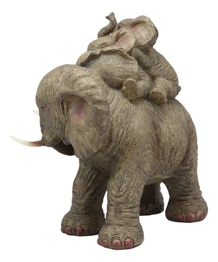 Ebros Wildlife Elephant Father And 2 Calves On Piggyback Playing Statue 10.5" Tall Resin Safari Elephants Family Figurine Sculpture Decor Gifts