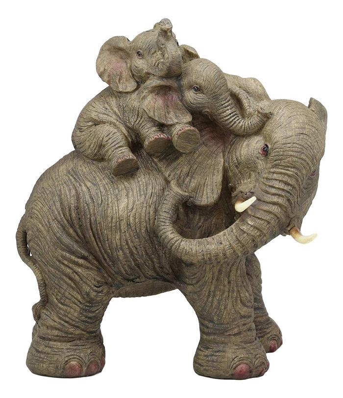 Ebros Wildlife Elephant Father And 2 Calves On Piggyback Playing Statue 10.5" Tall Resin Safari Elephants Family Figurine Sculpture Decor Gifts
