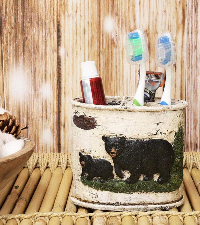 Ebros Wildlife Rustic Black Bear In Pine Trees Forest Bathroom Accent Resin Figurine Accessories With Birch Wood Finish Western Country Cabin Lodge Decorative (5 Piece Bath Set And 2 Towel Racks)