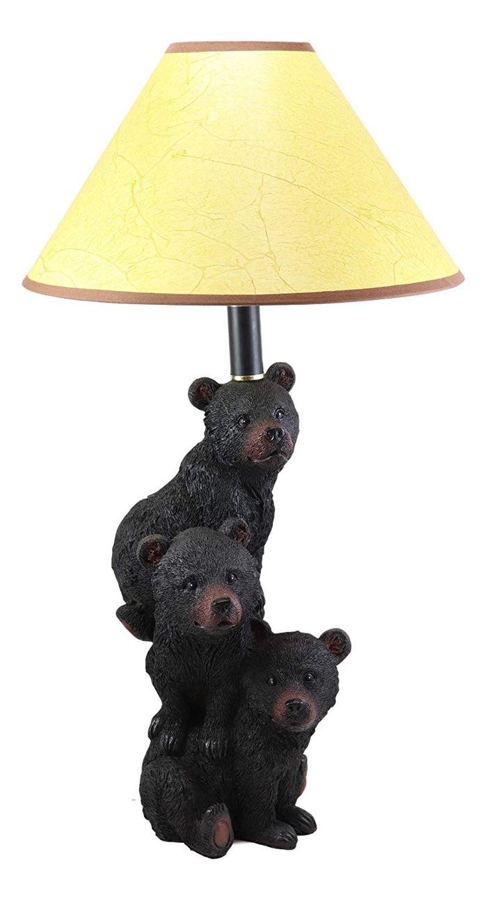 Ebros Wildlife Rustic Cabin Lodge Decor Whimsical Stacked Up 3 Playful Black Bear Cubs On Piggyback Table Lamp Statue With Shade 23.75"High Forest Bear Family Desktop Lamps