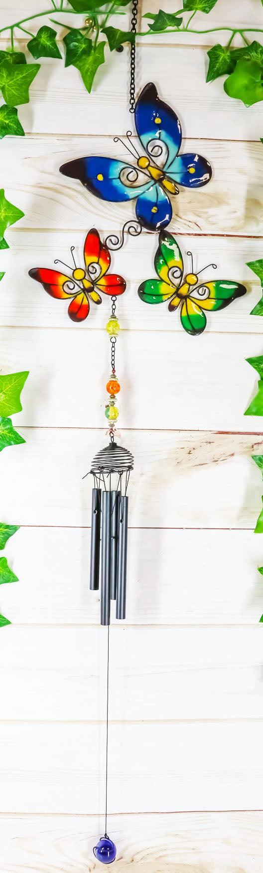 Ebros Wind Chime With Black Coated Gems Butterfly Hanging Garden Decoration