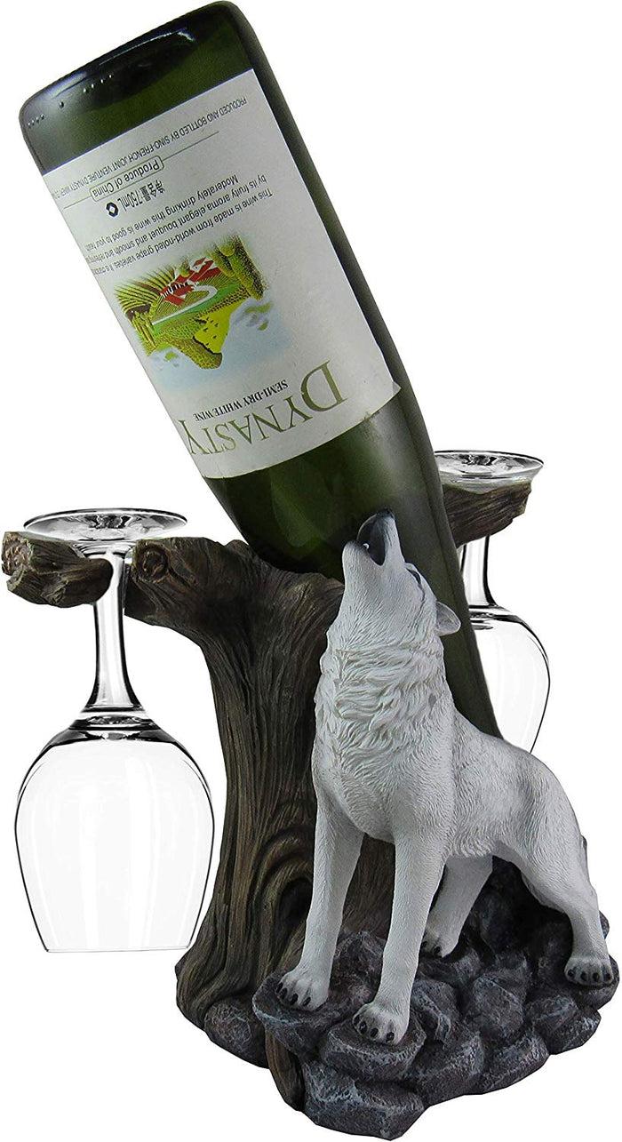 Ebros Wine Of The Wild Howling White Wolf Wine Holder Set With Glasses 10-inch