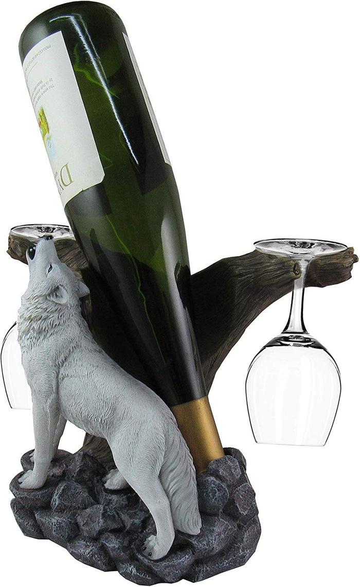 Ebros Wine Of The Wild Howling White Wolf Wine Holder Set With Glasses 10-inch