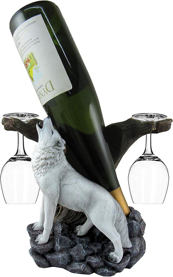 Ebros Wine of The Wild Howling White Wolf Wine Holder Set with Glasses 10-inch