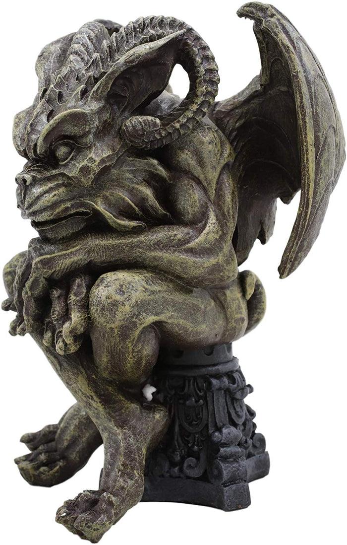 Ebros Winged Ram Horned Gargoyle Sitting On Cathedral Pedestal Statue 6" High