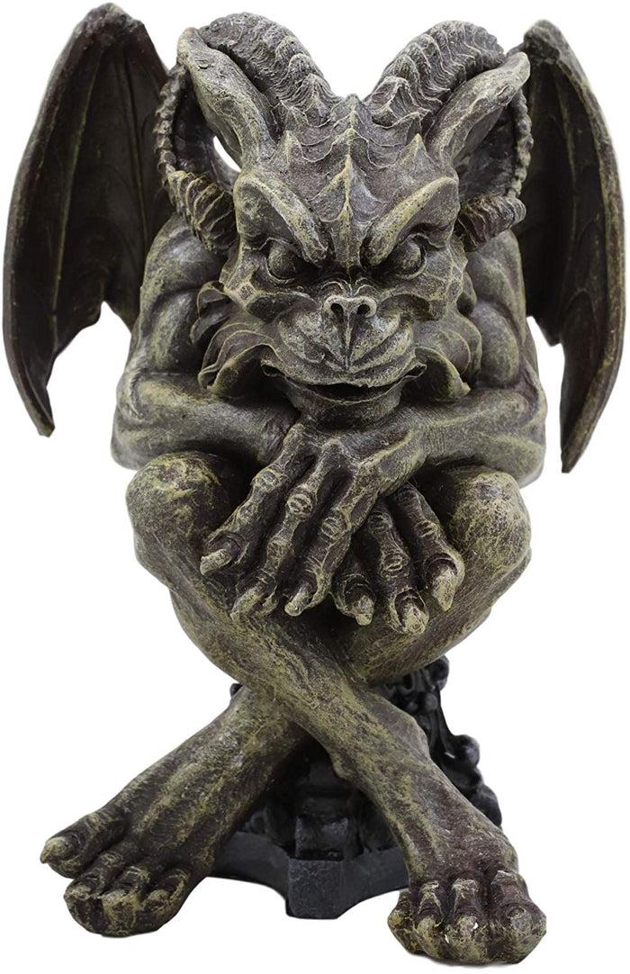 Ebros Winged Ram Horned Gargoyle Sitting On Cathedral Pedestal Statue 6" High