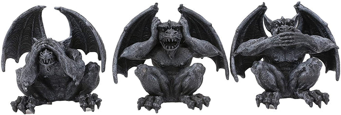 Ebros Winged See Hear Speak No Evil Squatting Gargoyle Shelf Sitters 3.75" Tall