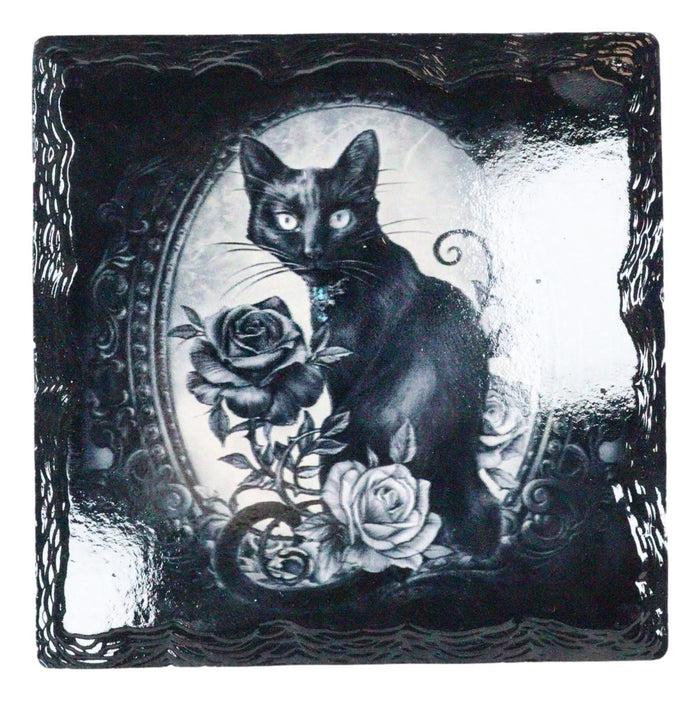 Ebros Witching Hour Feline Black Cat Roses Cork Backed Ceramic Coasters Set Of 4