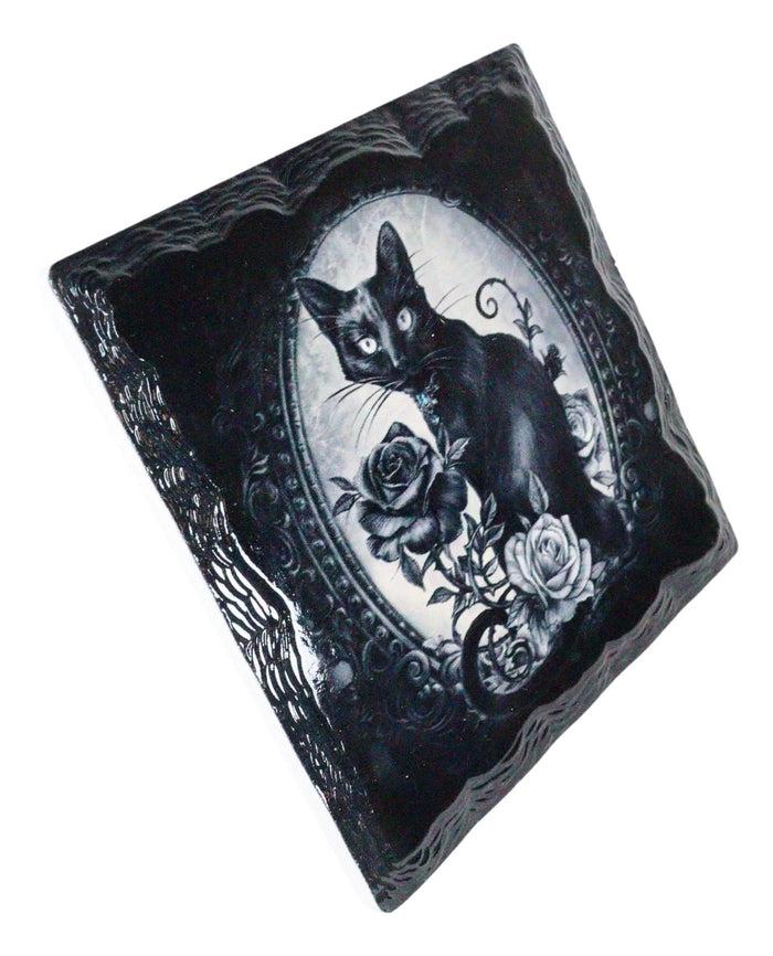 Ebros Witching Hour Feline Black Cat Roses Cork Backed Ceramic Coasters Set Of 4