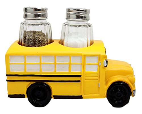 Ebros Yellow School Bus Decorative Glass Salt Pepper Shakers Holder Resin 6"L