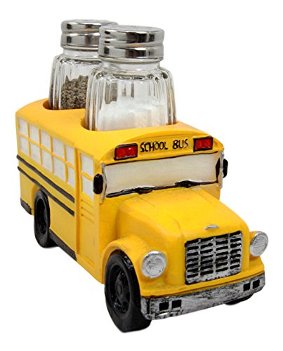 Ebros Yellow School Bus Decorative Glass Salt Pepper Shakers Holder Resin 6"L