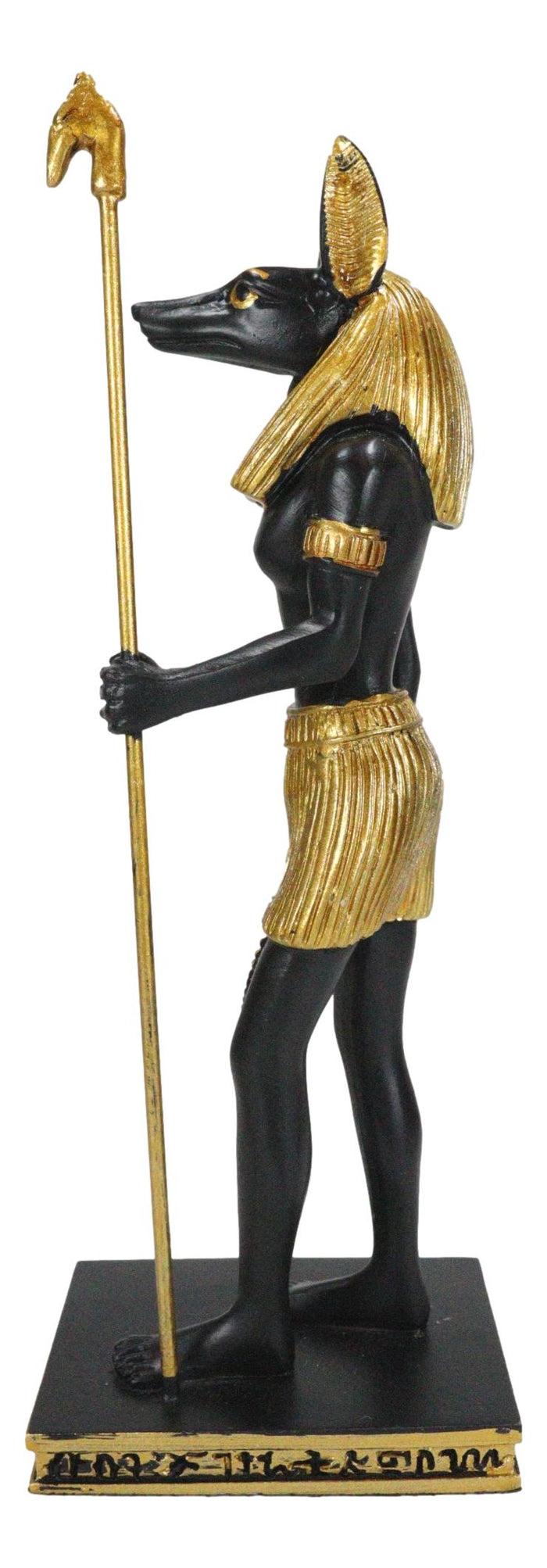Egyptian God Anubis With Staff And Ankh Standing On Hieroglyphic Base Figurine