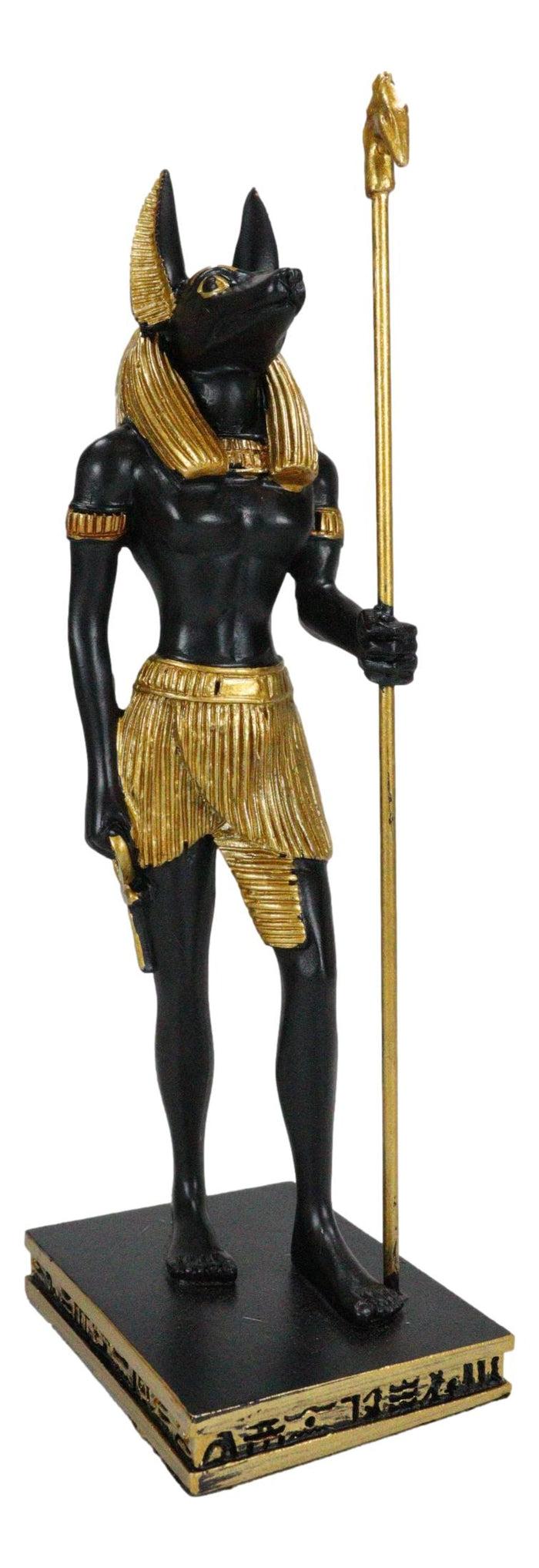 Egyptian God Anubis With Staff And Ankh Standing On Hieroglyphic Base Figurine