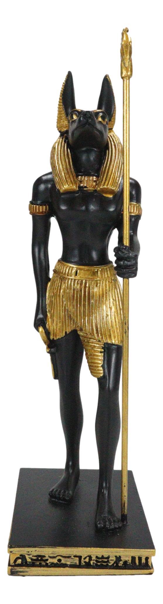 Egyptian God Anubis With Staff And Ankh Standing On Hieroglyphic Base Figurine