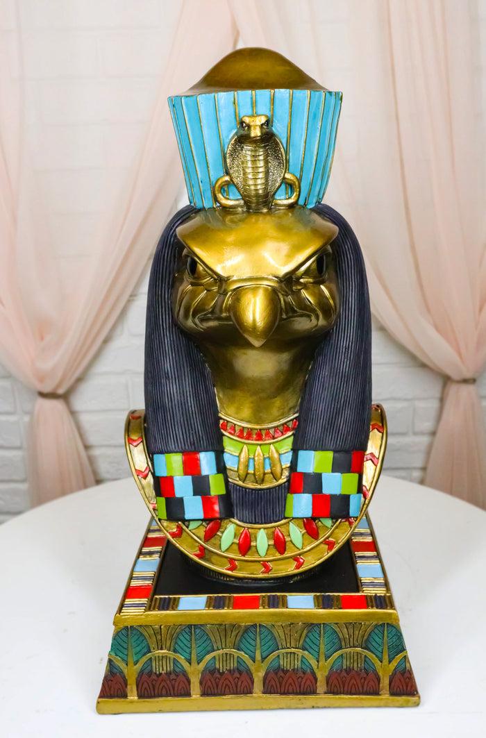 Egyptian God Of The Sky And Sun Horus Ra With Pschent Bust Statue With Base