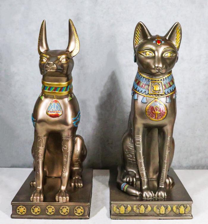 Egyptian Goddess Bastet And God Anubis Sitting On Pedestal Statue Set Of 2