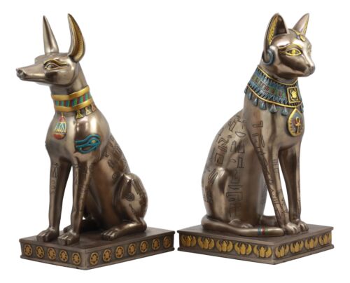 Egyptian Goddess Bastet And God Anubis Sitting On Pedestal Statue Set Of 2