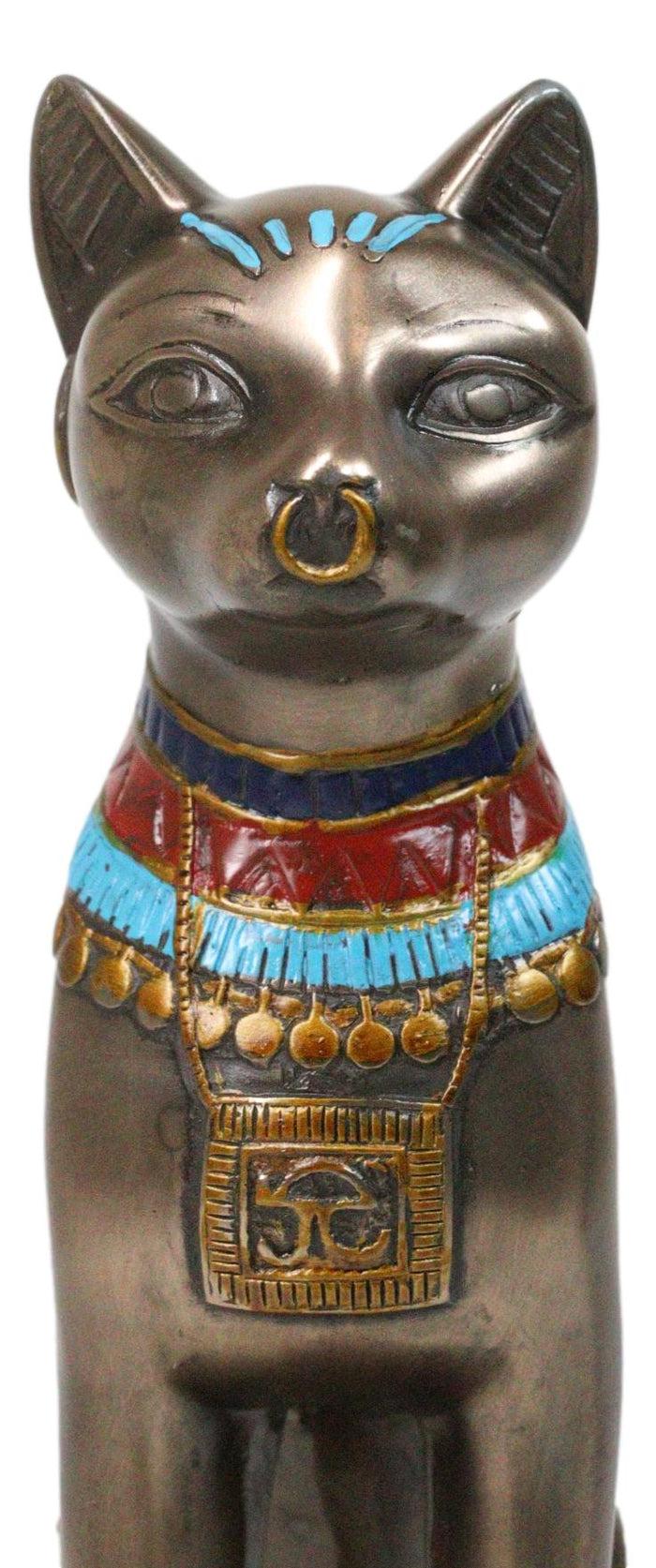 Egyptian Goddess Faux Bronze Bastet Cat Sitting In Royal Pose Figurine