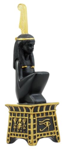 Egyptian Goddess Maat Squatting On Pedestal With Ostrich Feather Statue 6" H