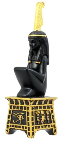 Egyptian Goddess Maat Squatting On Pedestal With Ostrich Feather Statue 6" H