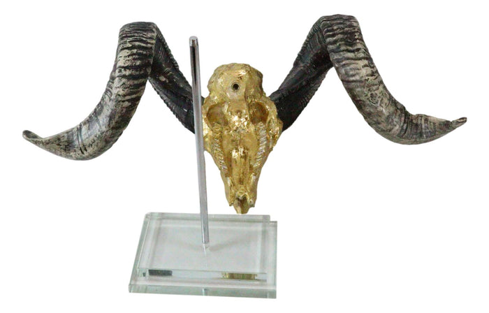 Electroplated Gold Realistic Bighorn Sheep Ram Skull Sculpture On Pole Stand