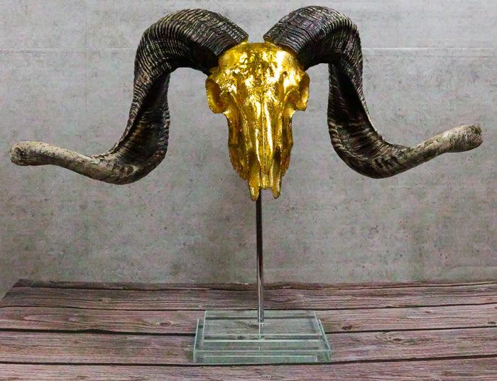 Electroplated Gold Realistic Bighorn Sheep Ram Skull Sculpture On Pole Stand